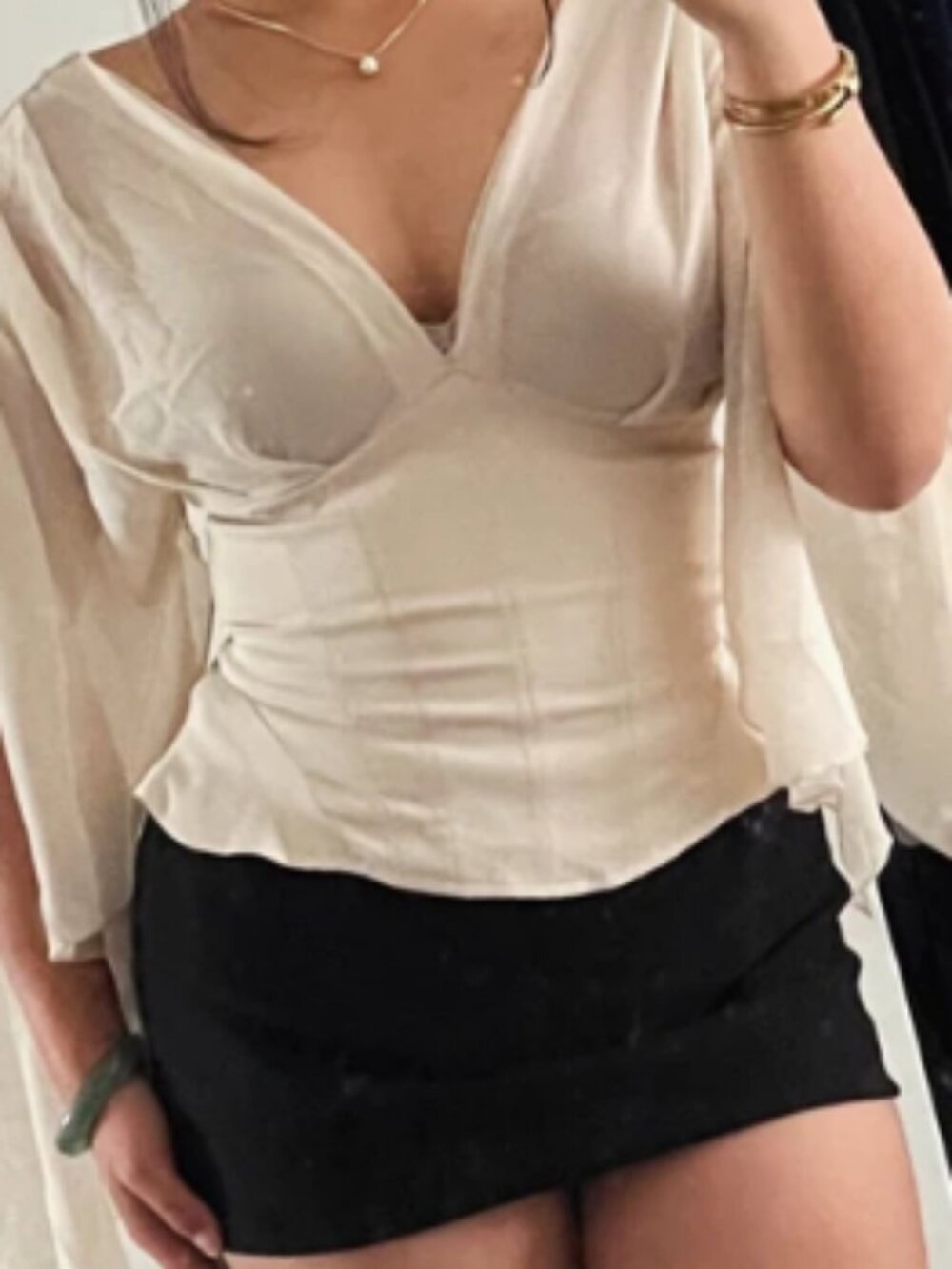 Apricot Elegant Sheer Chiffon V-Neck Corset Women's Top - Picture 11 of 12